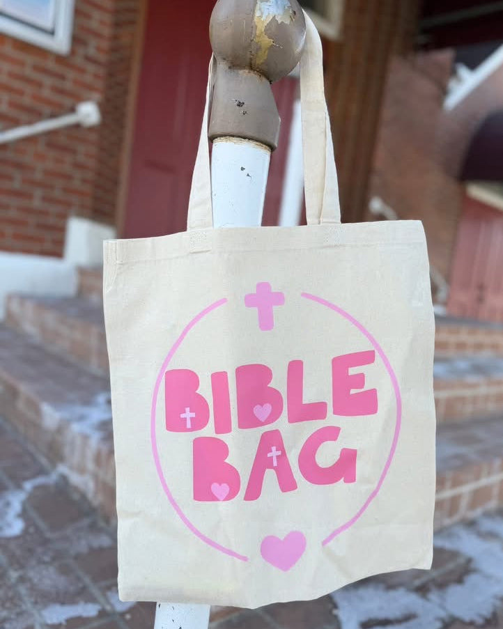 Tote bag with 'Bible Bag' text 