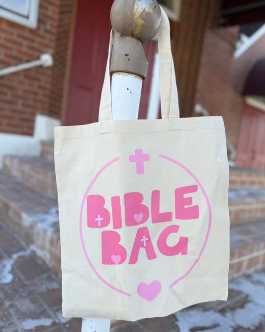 Tote bag with 'Bible Bag' text 
