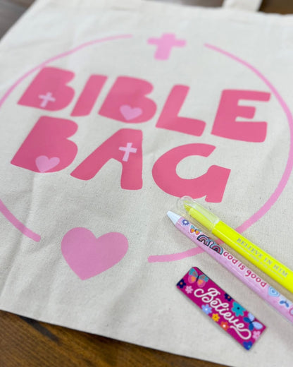 Canvas bag with 'BIBLE BAG' text and pink hearts